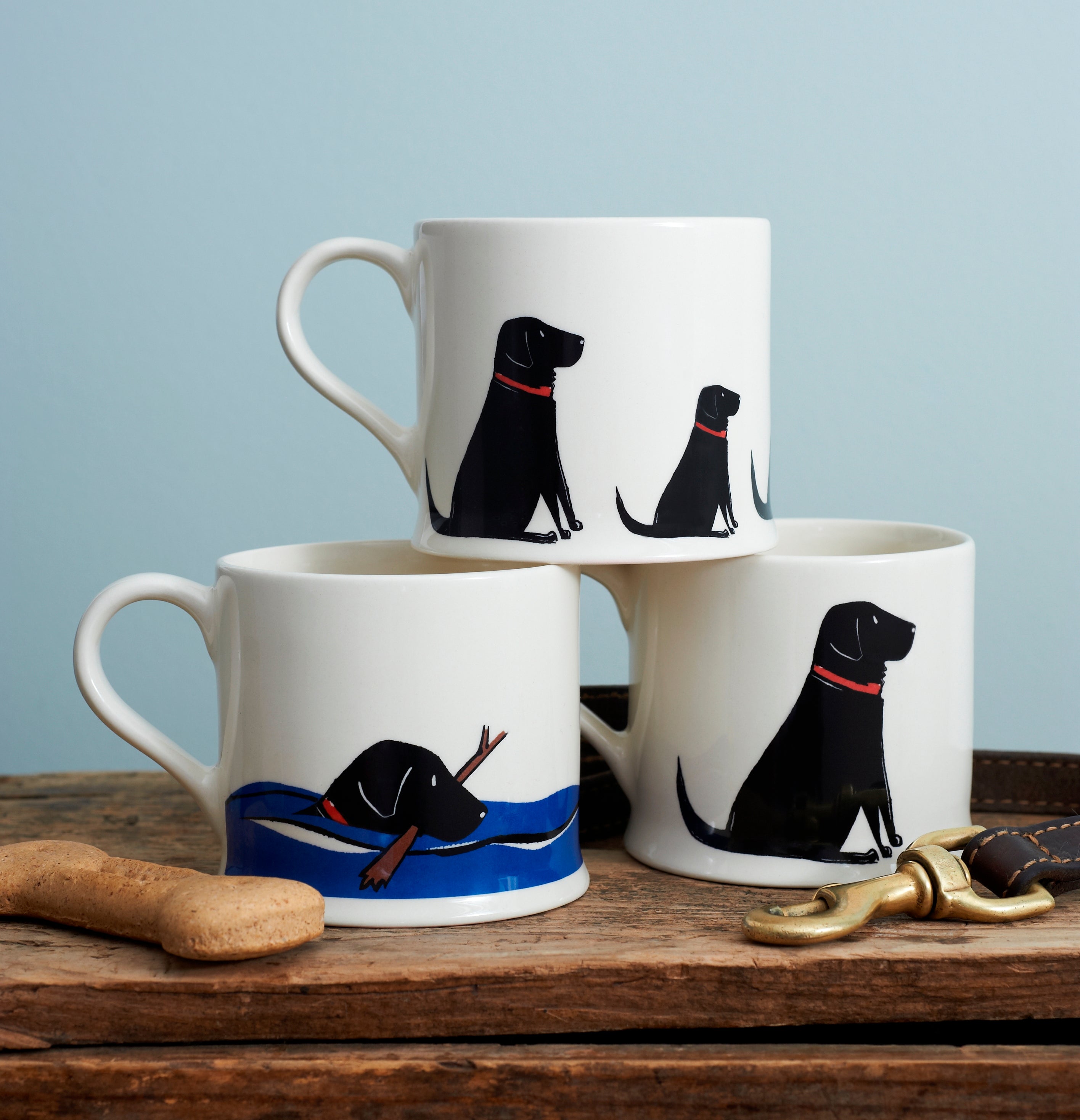 Swimming Black Labrador mug alongside matching Labrador gifts — Sweet William Designs dog lover gift set