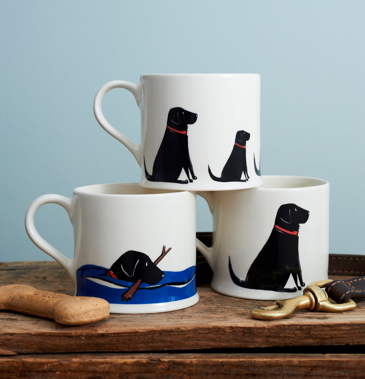 Swimming Black Labrador mug alongside matching Labrador gifts — Sweet William Designs dog lover gift set