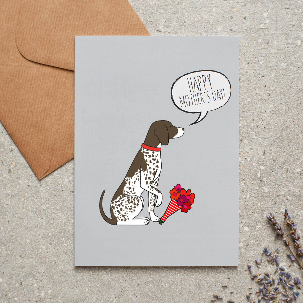 German Shorthaired Pointer Mother's Day card featuring illustrated GSP holding flowers — blank inside with optional handwritten message, perfect gift for dog mums