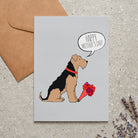 Airedale Terrier Mother's Day card — illustrated Airedale holding a bouquet of flowers and 'Happy Mother's Day' message, dog lover gift by Sweet William Designs