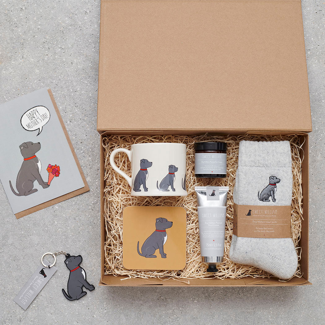 Staffie gift hamper featuring coaster and matching mug — thoughtful dog lover gift set by Sweet William Designs