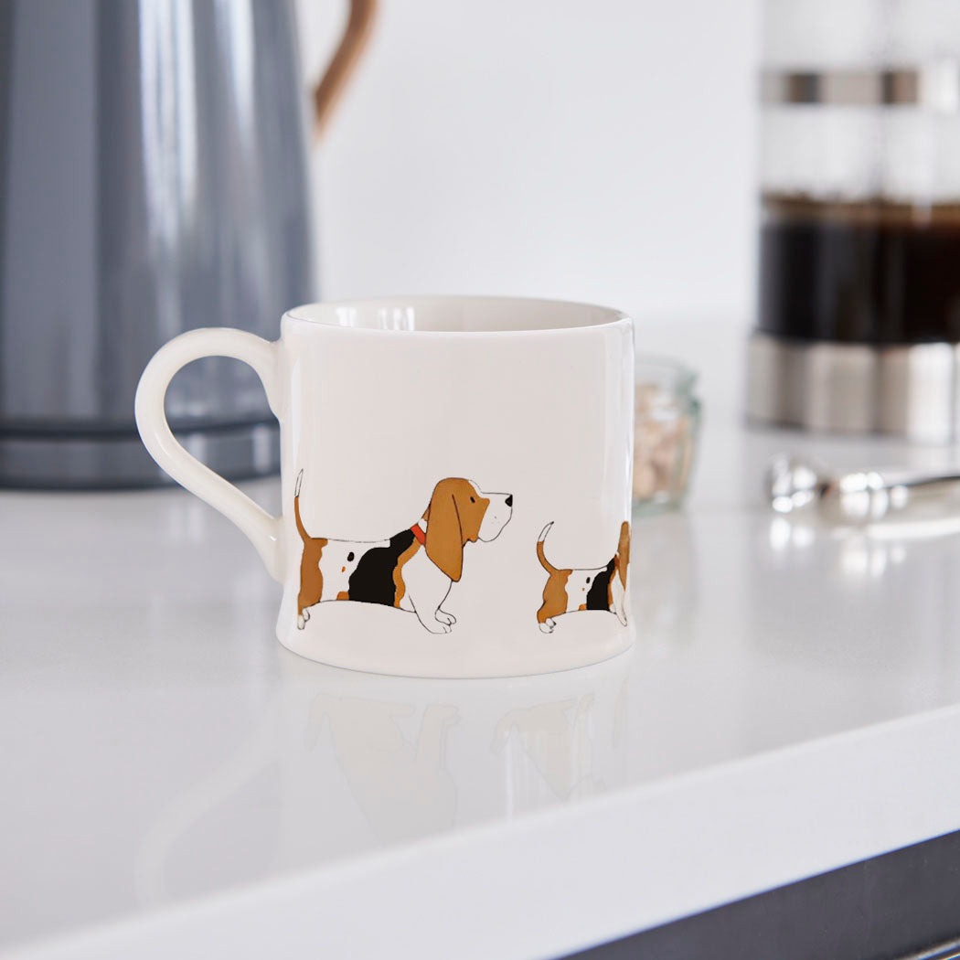 Basset Hound mug in kitchen setting — Sweet William Designs dog mug, gift for dog lovers