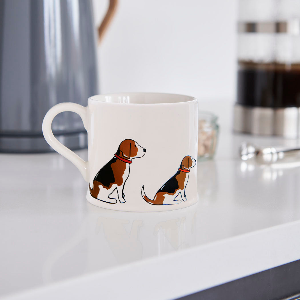 Sweet William Beagle Mug in a kitchen setting — illustrated hound dog ceramic mug