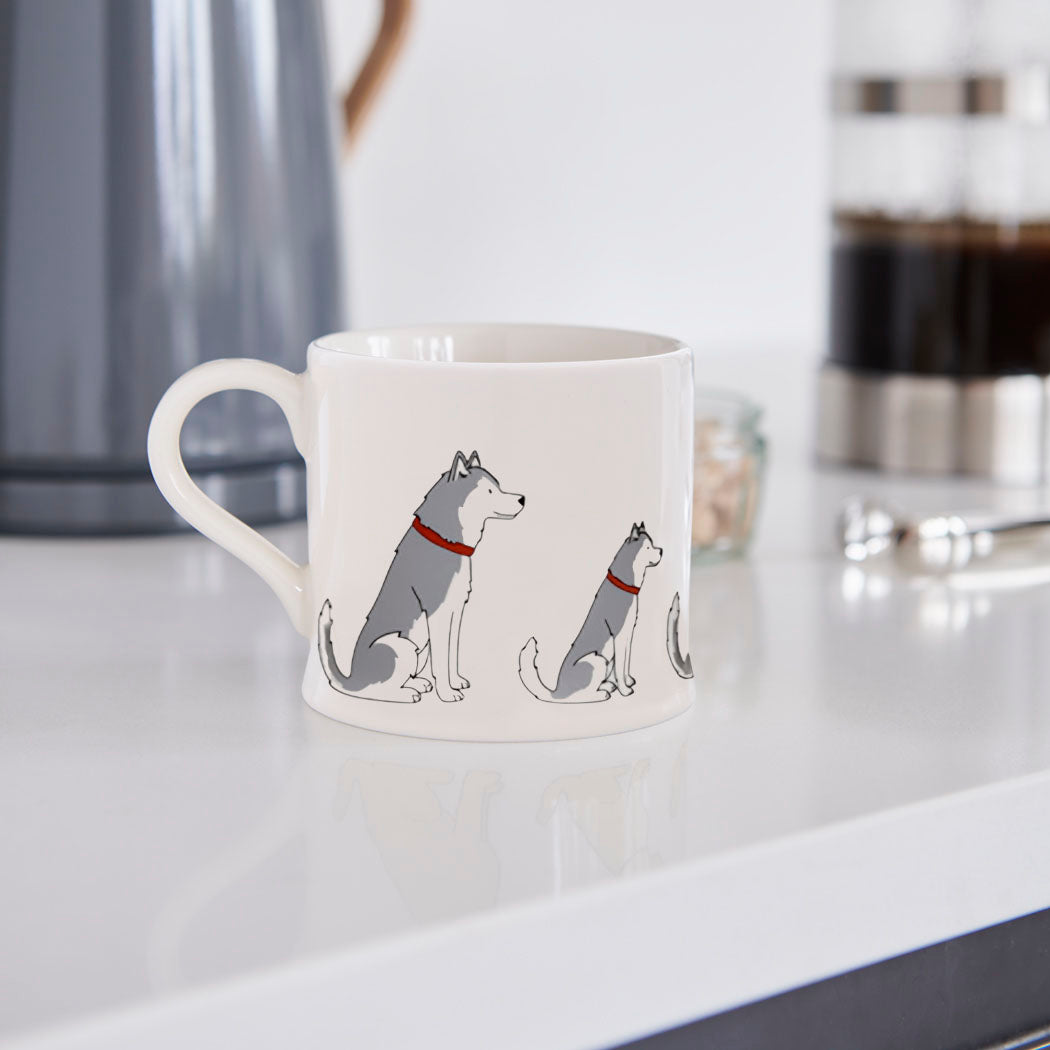 Husky mug in kitchen setting — porcelain dog mug, perfect gift for Husky owners
