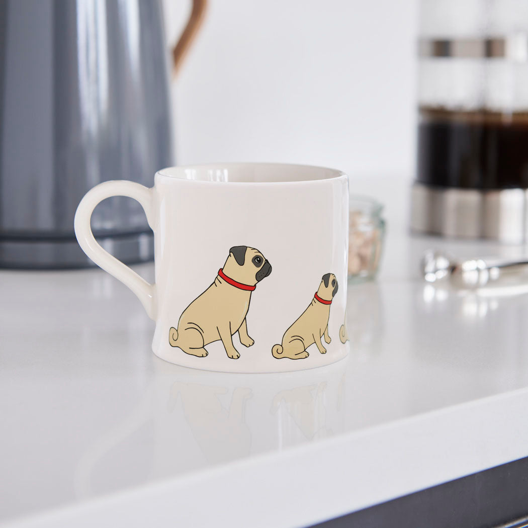 Sweet William Pug Mug in a kitchen setting — illustrated Pug ceramic mug