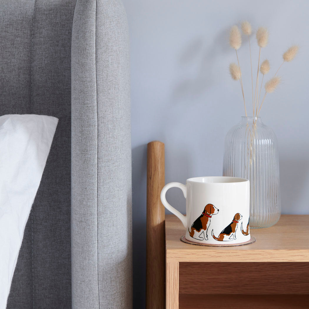 Sweet William Beagle Mug on a bedside table — Beagle dog lover gift mug