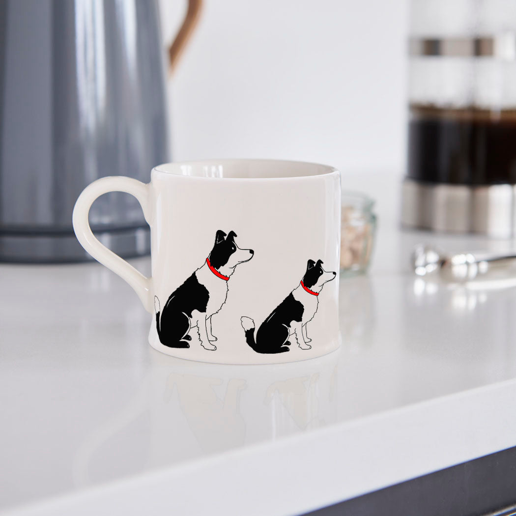 Sweet William Border Collie Mug in a kitchen setting — illustrated Border Collie ceramic mug