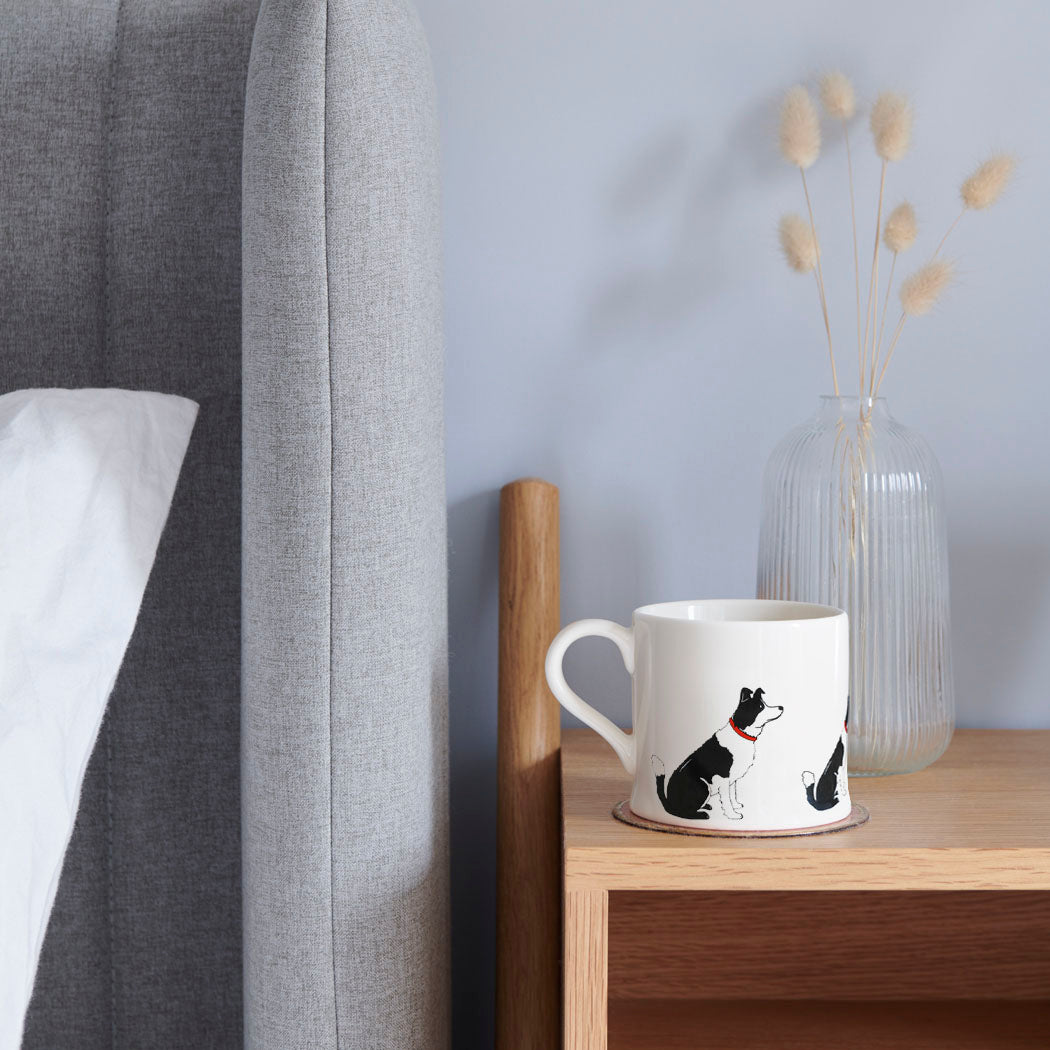 Sweet William Border Collie Mug on a bedside table — Border Collie dog lover gift mug