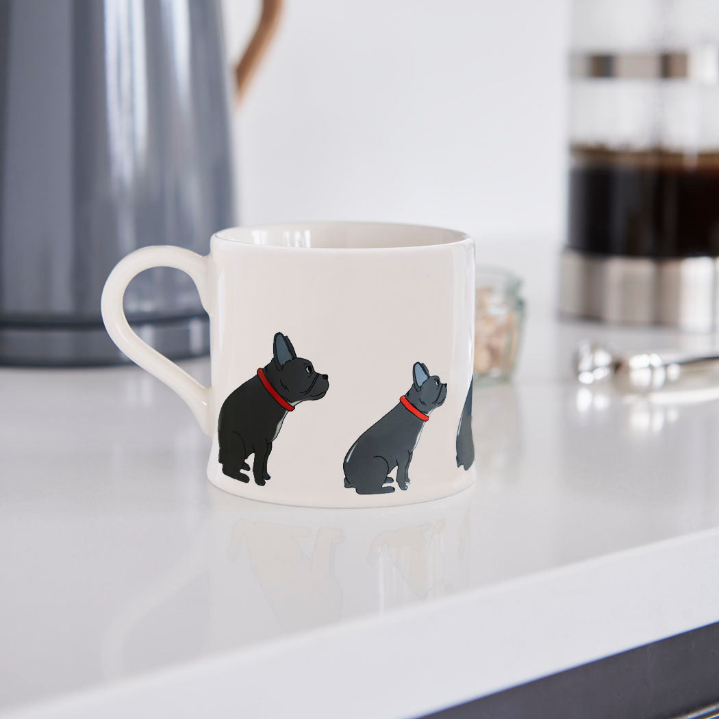 Sweet William French Bulldog Mug in a kitchen setting — illustrated French Bulldog ceramic mug