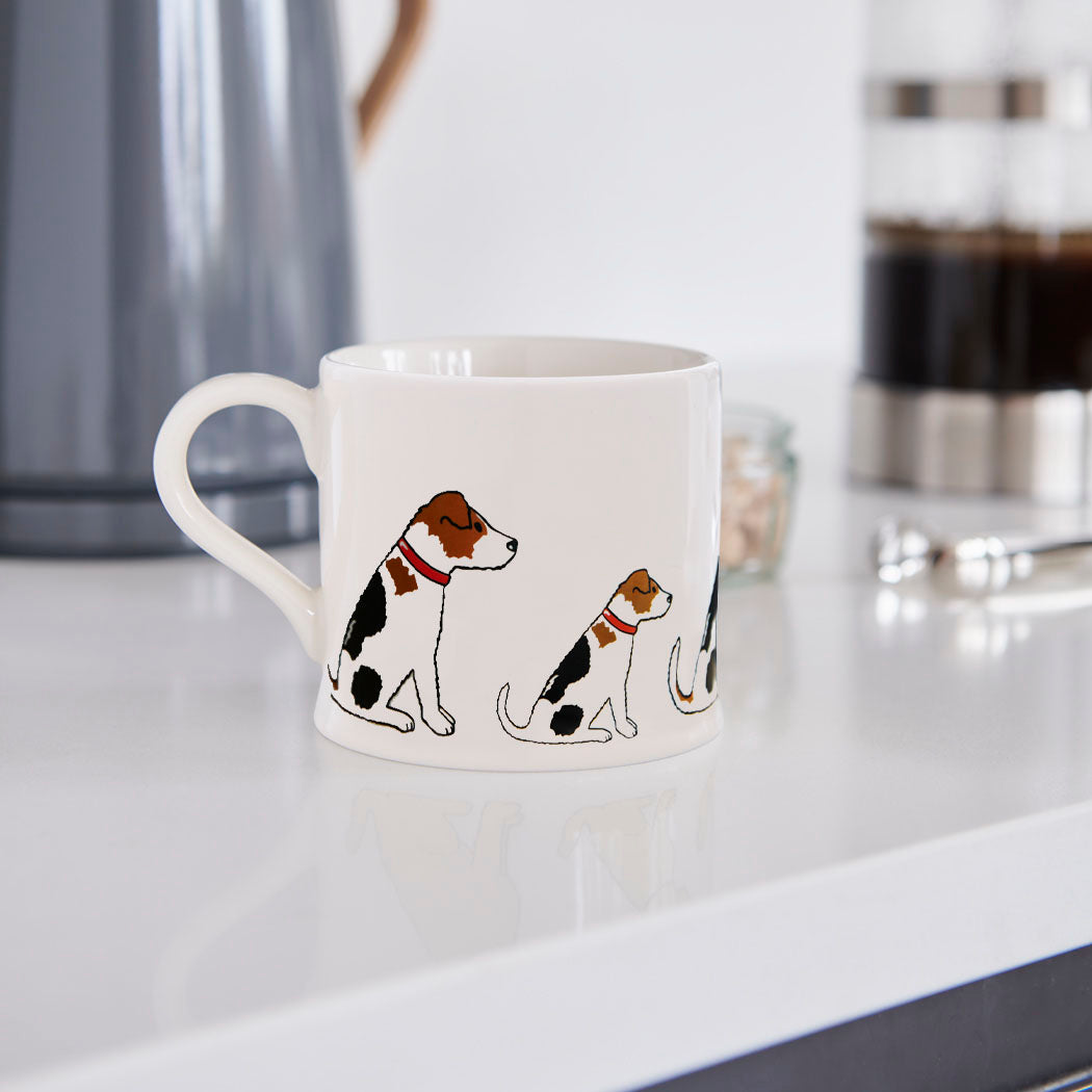 Sweet William Jack Russell Mug in a kitchen setting — illustrated Jack Russell ceramic mug