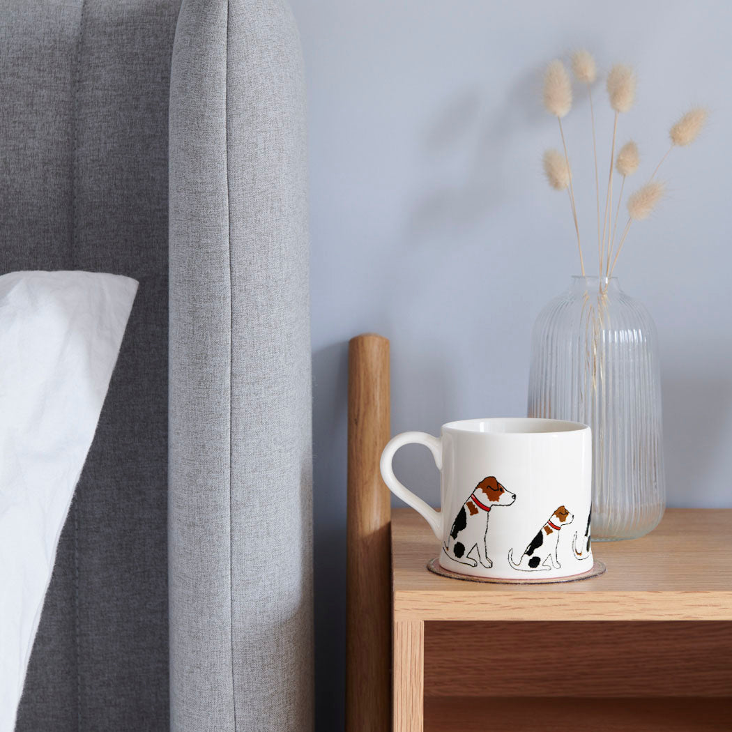 Sweet William Jack Russell Mug on a bedside table — Jack Russell dog lover gift mug
