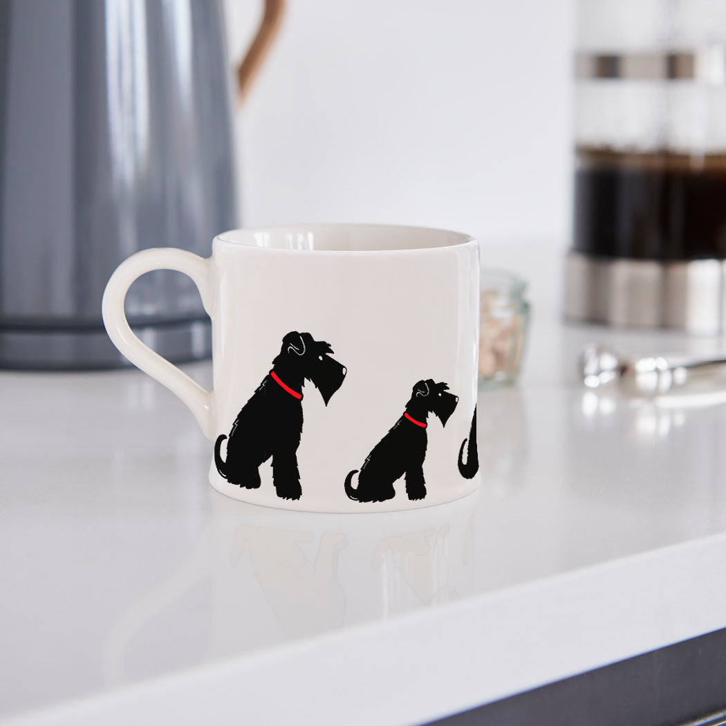Sweet William Black Schnauzer Mug in a kitchen setting — illustrated Black Schnauzer ceramic mug