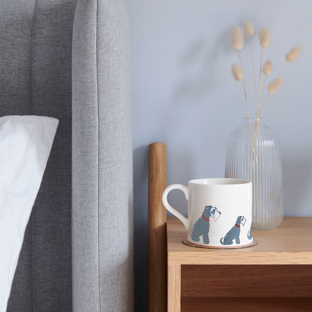 Sweet William Grey Schnauzer Mug on a bedside table — Grey Schnauzer dog lover gift mug