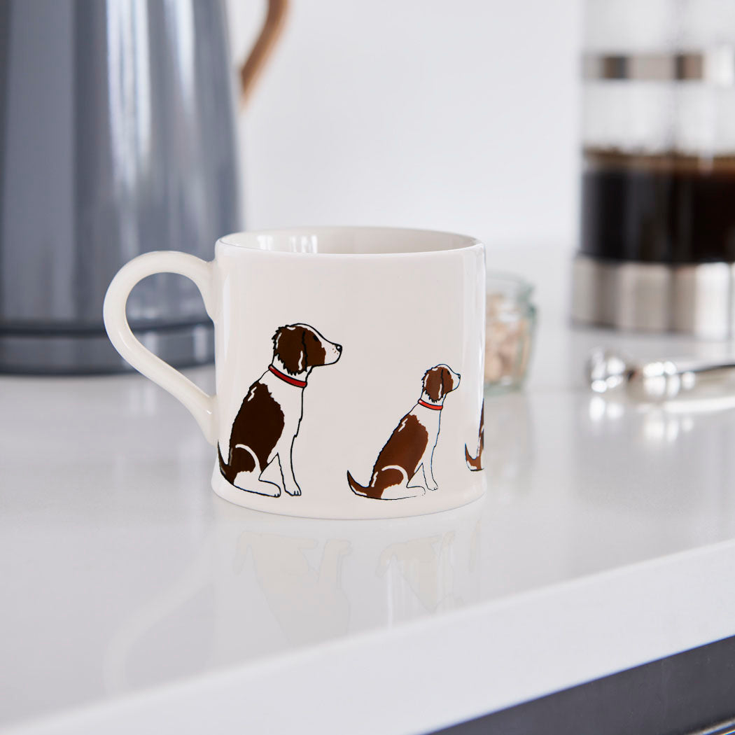 Sweet William Springer Spaniel (Liver & White) Mug in a kitchen setting — illustrated Springer Spaniel ceramic mug