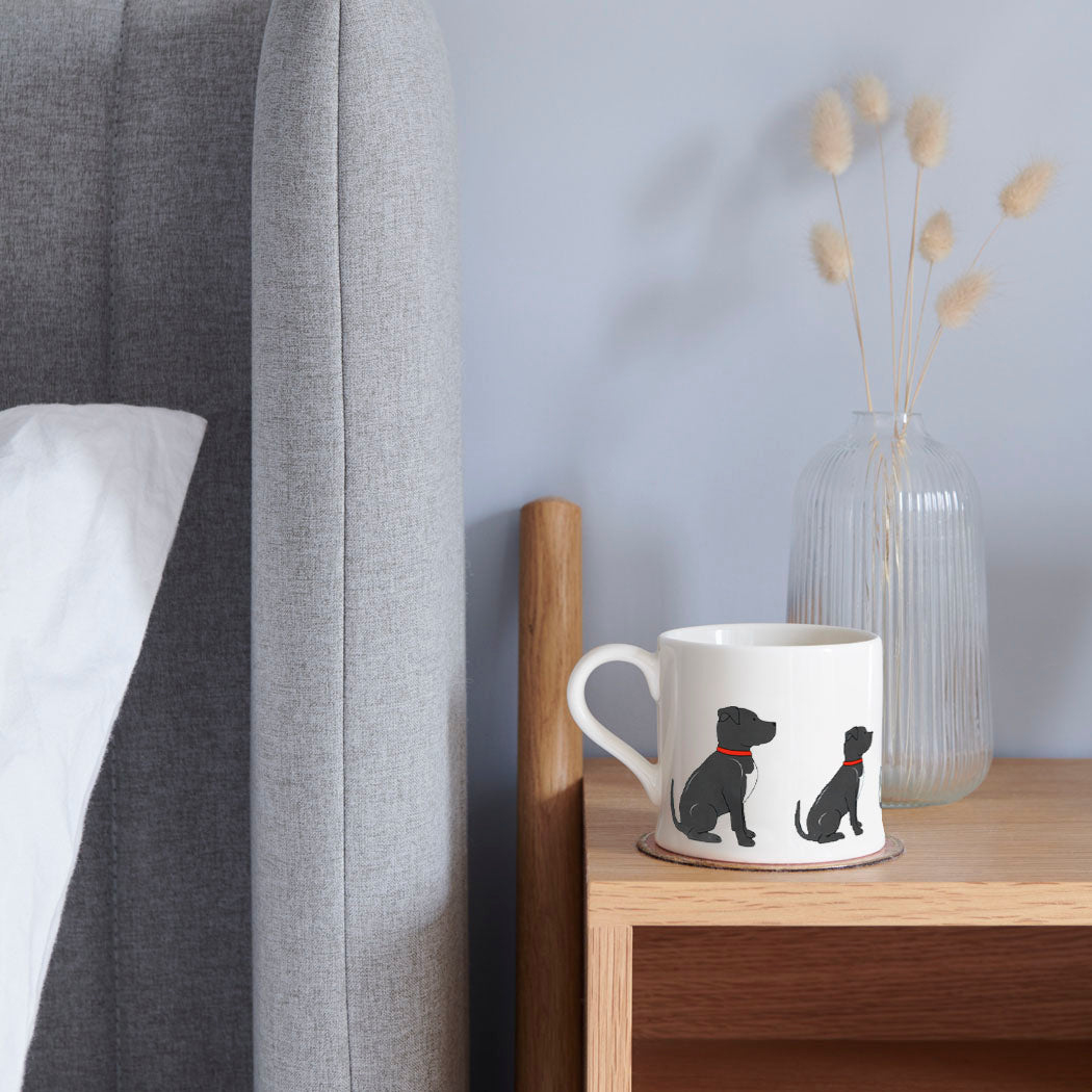 Sweet William Staffie / Staffordshire Bull Terrier Mug on a bedside table — Staffie dog lover gift mug