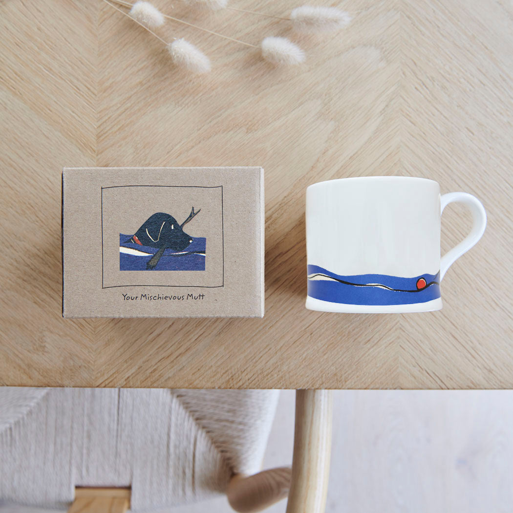 Swimming Black Labrador mug with kraft gift box — beautifully presented dog lover gift by Sweet William Designs