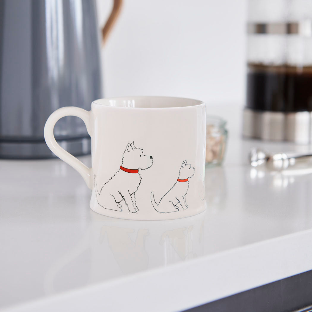 Westie mug in a kitchen setting — ceramic boxed mug, perfect Westie owner gift