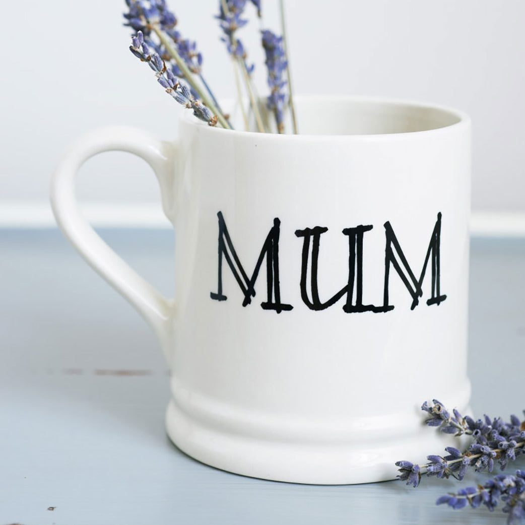 Simple ceramic Mum mug styled with lavender stems, a lovely everyday gift for Mum