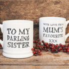 Ceramic Darling Sister mug showing the affectionate front message and cheeky reverse message, styled with red berries on a rustic wooden background