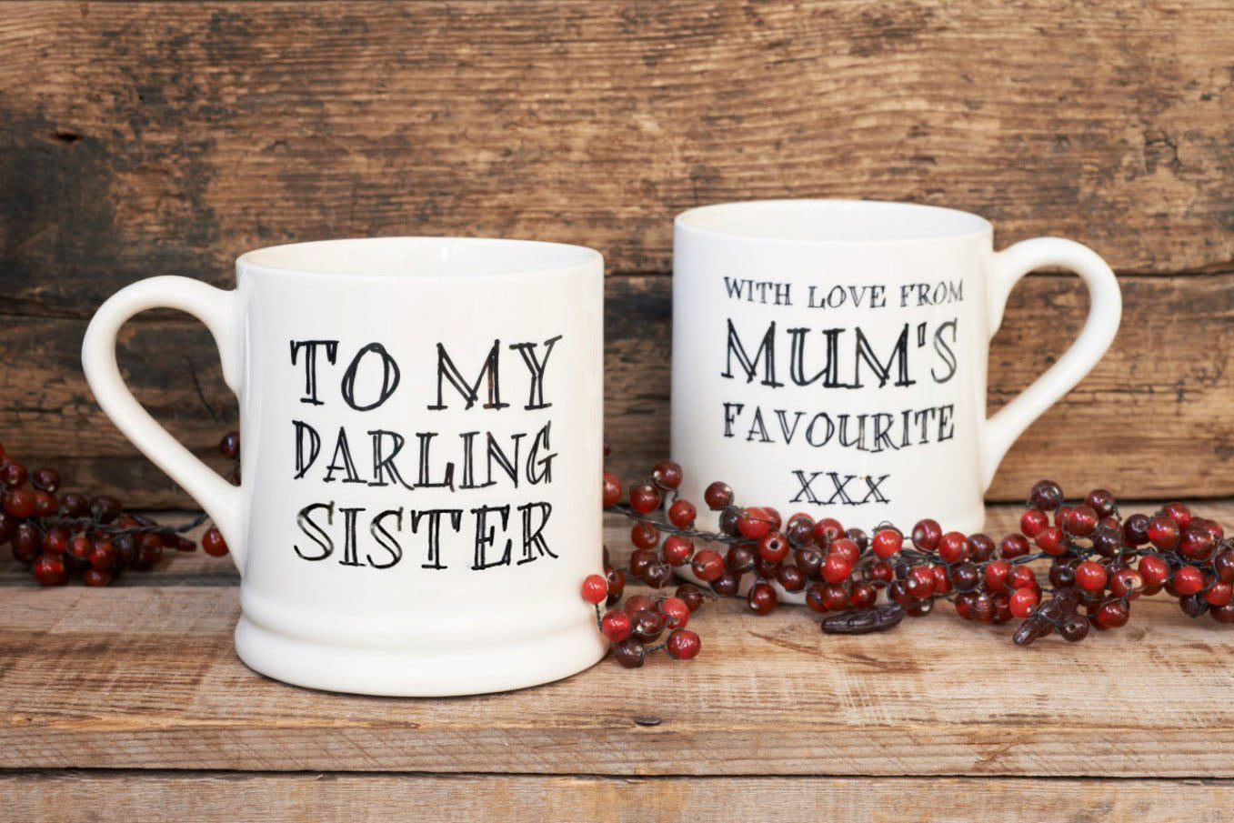 Darling Sister mug photographed from front and reverse, making a funny sibling gift with a “Mum’s Favourite” message