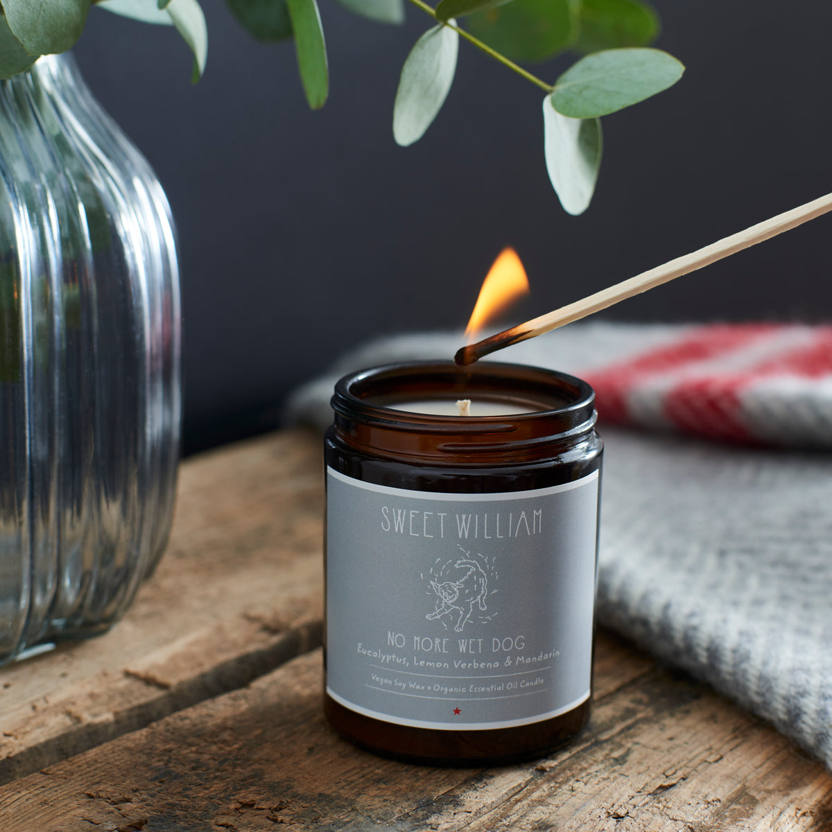 No More Wet Dog candle lit in a cosy home setting — organic soy candle, perfect gift for dog lovers by Sweet William Designs