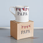 Ceramic Papa mug with hand-drawn Union Jack bunting, presented on a kraft gift box as a thoughtful gift for a much-loved grandfather