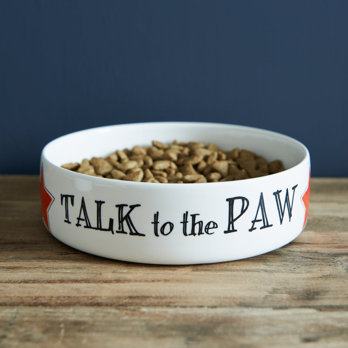 White porcelain cat bowl with “Talk to the Paw” slogan, on a wooden table