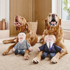Vizsla and Golden Retriever with Nigel Farage and Boris Johnson parody dog toys — funny political squeaky dog toys