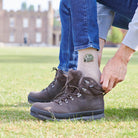 Man wearing greenhouse gardening socks outdoors — embroidered wool blend socks in taupe marl, comfortable gardening gift by Sweet William Designs
