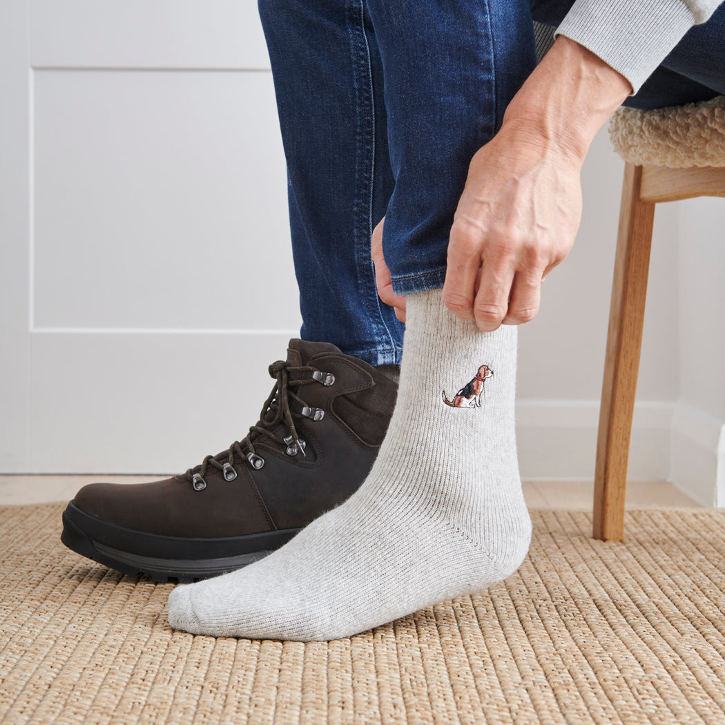  Man wearing Beagle dog walking socks – wool embroidered design