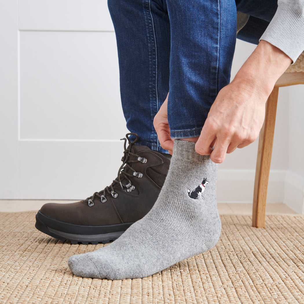 Man wearing Border Collie dog walking socks – wool embroidered design