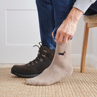 Man wearing Dachshund dog walking socks — embroidered wool blend, unisex gift for Dachshund lovers