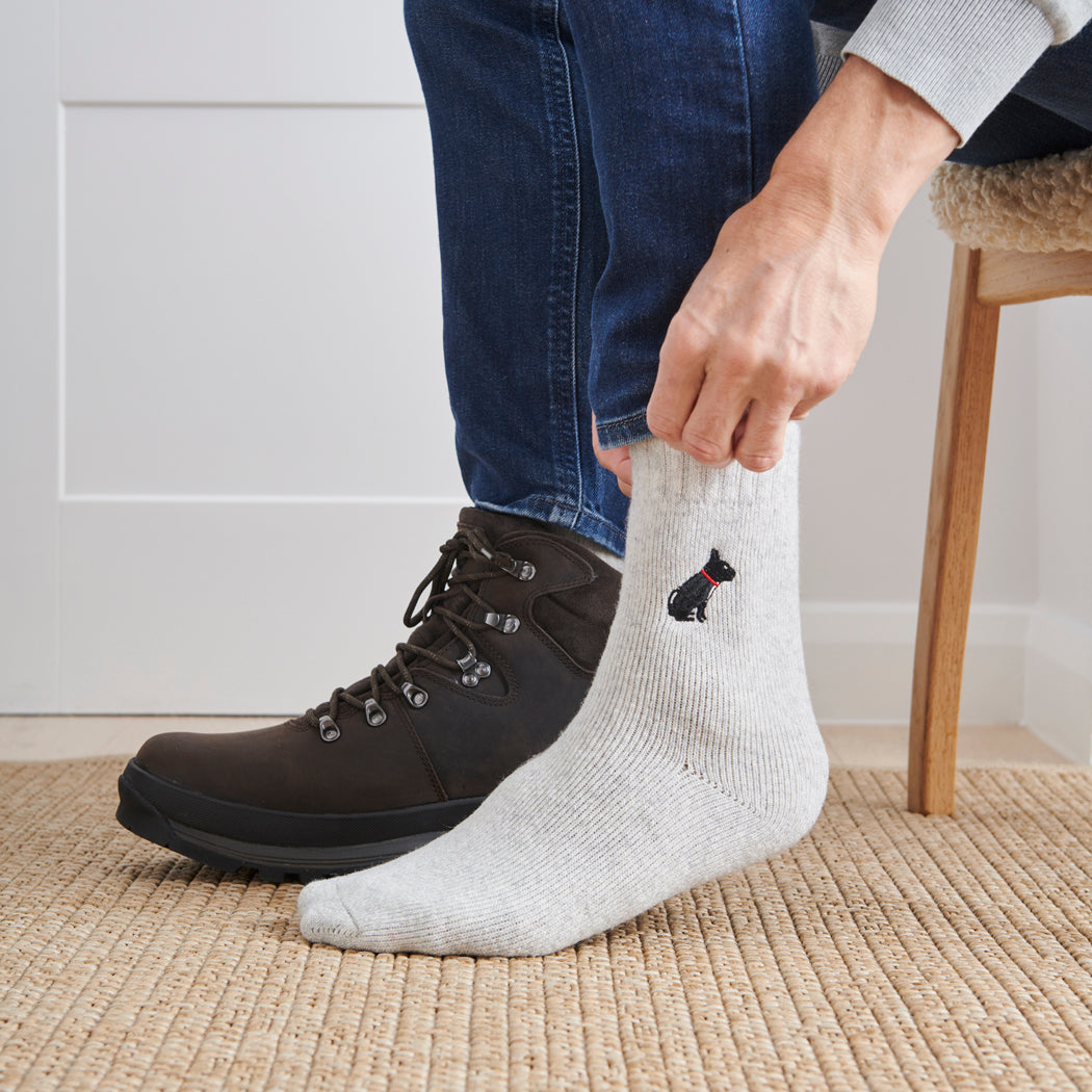 Man wearing French Bulldog dog walking socks — embroidered wool blend, unisex gift for dog lovers
