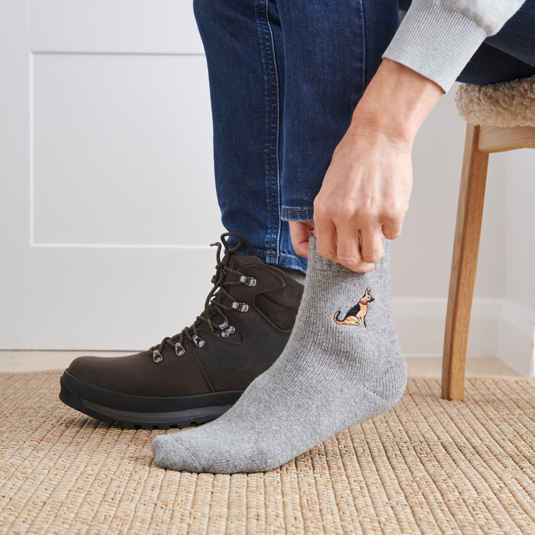 Man wearing German Shepherd dog walking socks — embroidered wool blend, unisex gift for dog lovers