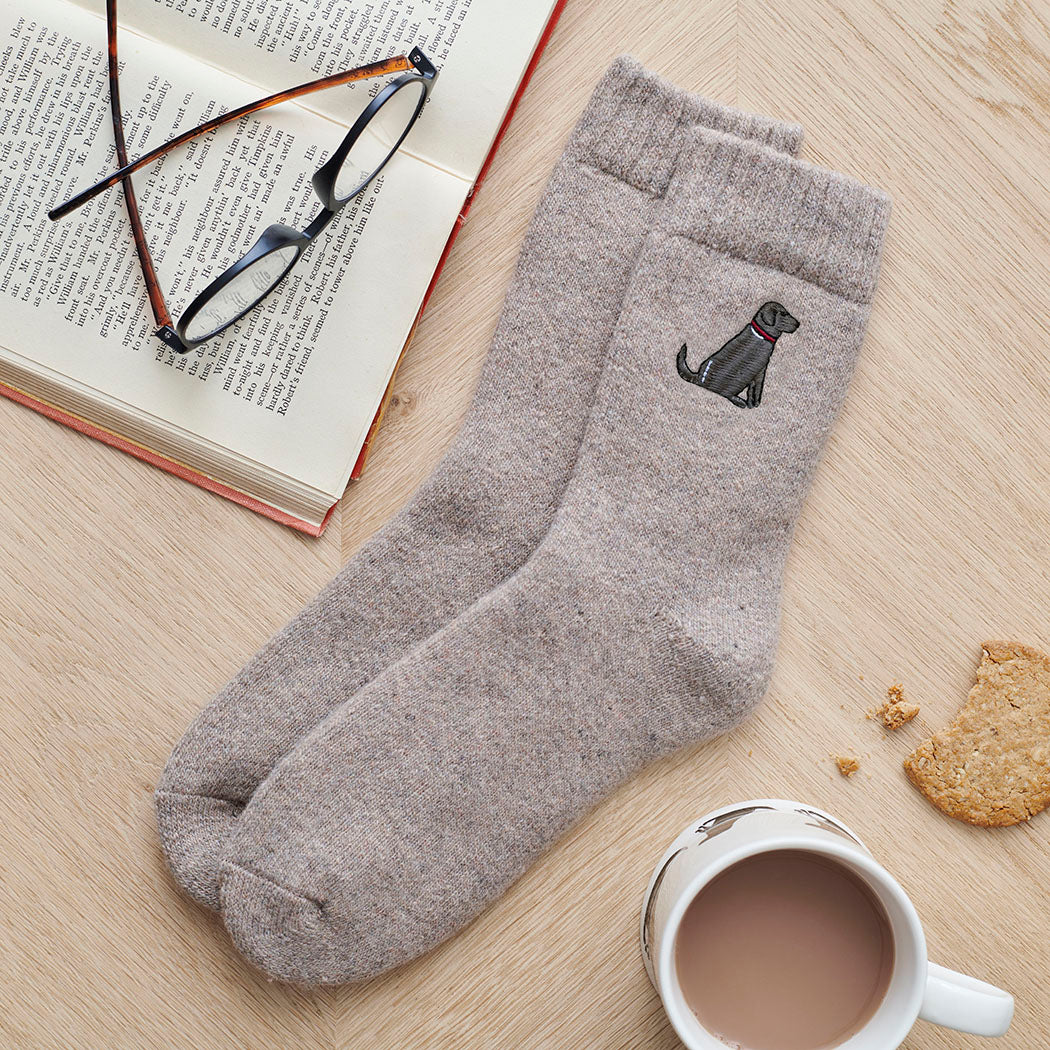 Chocolate Labrador embroidered socks laid flat – unisex wool walking socks