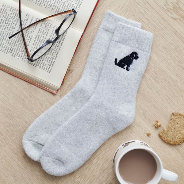  Black Cockapoo Labradoodle embroidered socks laid flat – unisex wool walking socks