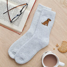 Golden Cocker Spaniel socks laid flat — embroidered unisex wool blend socks, one size fits UK 3–12