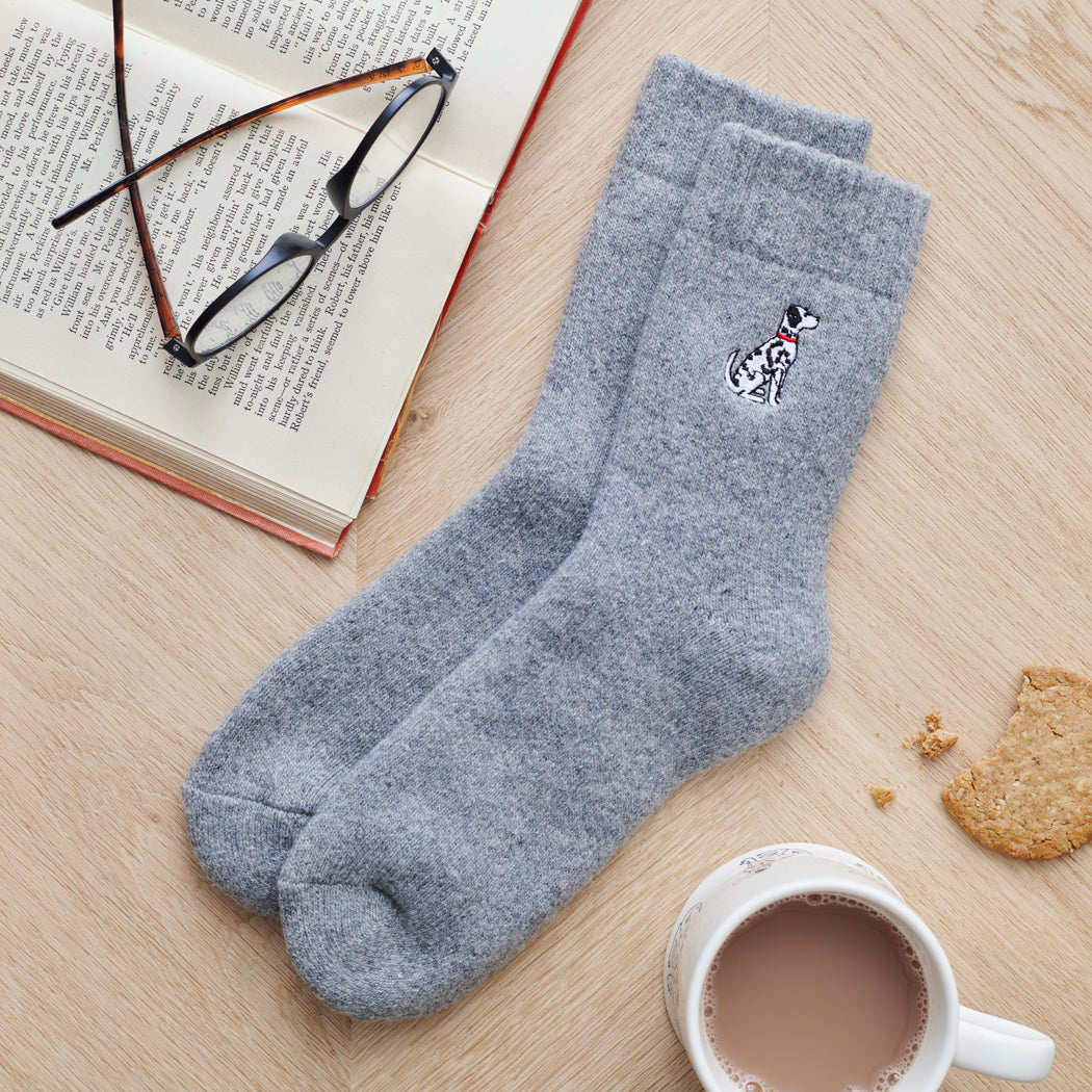 Dalmatian socks laid flat — embroidered unisex wool blend socks, one size fits UK 3–12