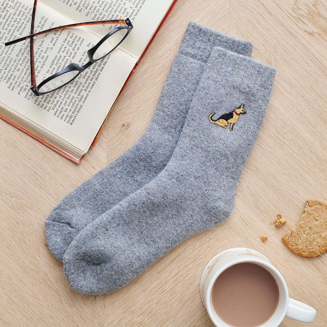 German Shepherd socks laid flat — embroidered unisex wool blend socks, one size fits UK 3–12