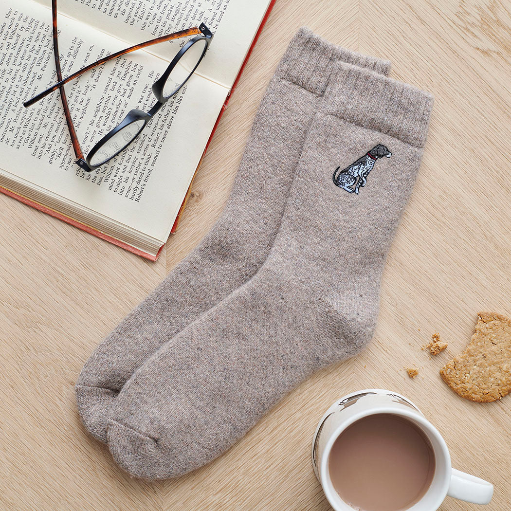 German Shorthaired Pointer socks laid flat — embroidered unisex wool blend socks, one size fits UK 3–12