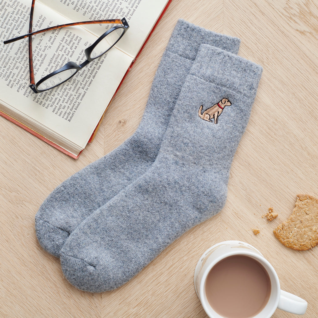 Golden Retriever socks laid flat — embroidered unisex wool blend socks, one size fits UK 3–12