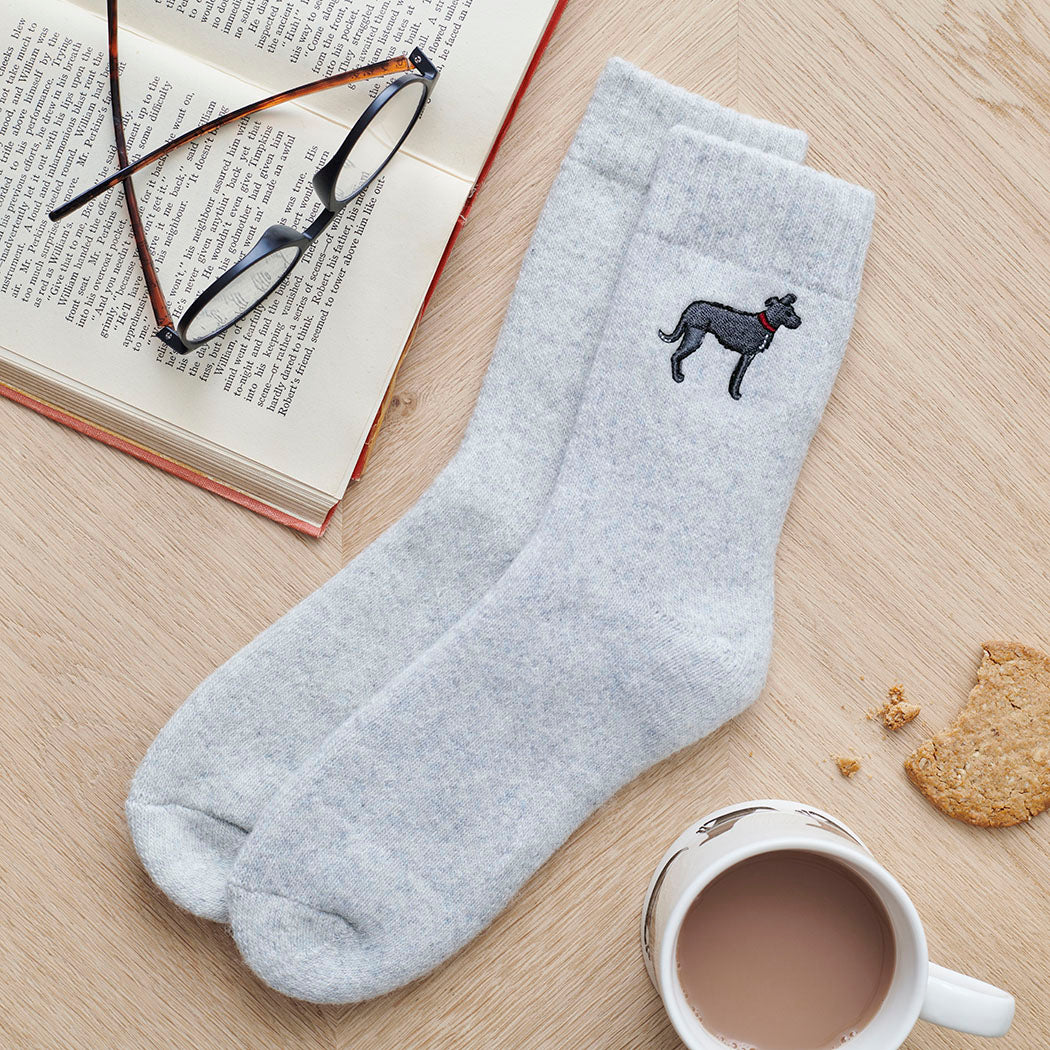 Lurcher dog walking socks laid flat — embroidered unisex wool blend socks, one size fits UK 3–12