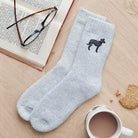 Lurcher dog walking socks laid flat — embroidered unisex wool blend socks, one size fits UK 3–12