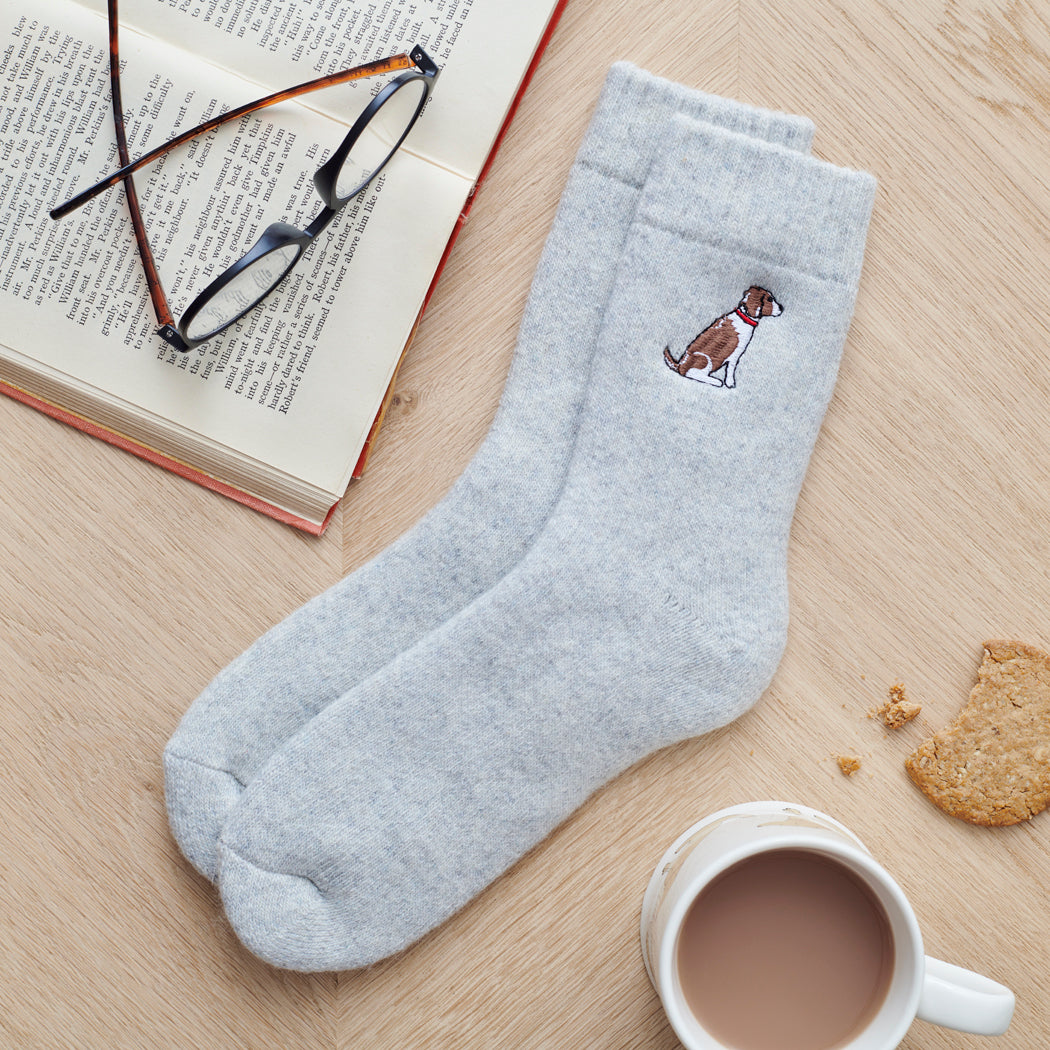 Liver Springer Spaniel dog walking socks laid flat — embroidered unisex wool blend socks, one size fits UK 3–12