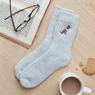 Liver Springer Spaniel dog walking socks laid flat — embroidered unisex wool blend socks, one size fits UK 3–12