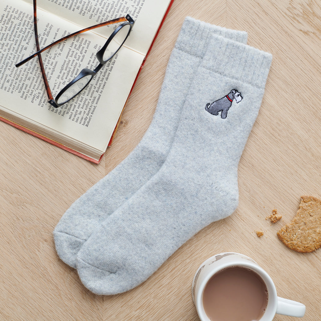 Grey Schnauzer dog walking socks laid flat — embroidered unisex wool blend socks, one size fits UK 3–12