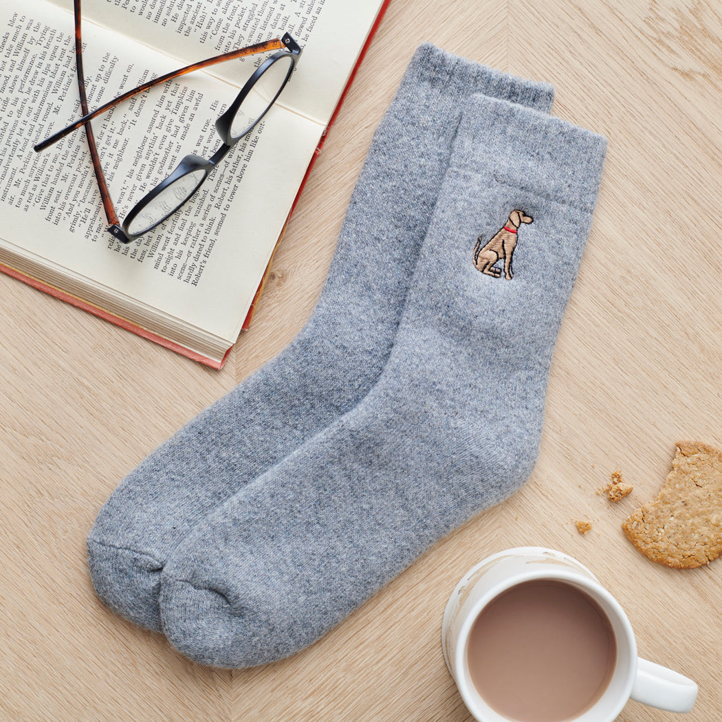Vizsla dog walking socks laid flat — embroidered unisex wool blend socks, one size fits UK 3–12