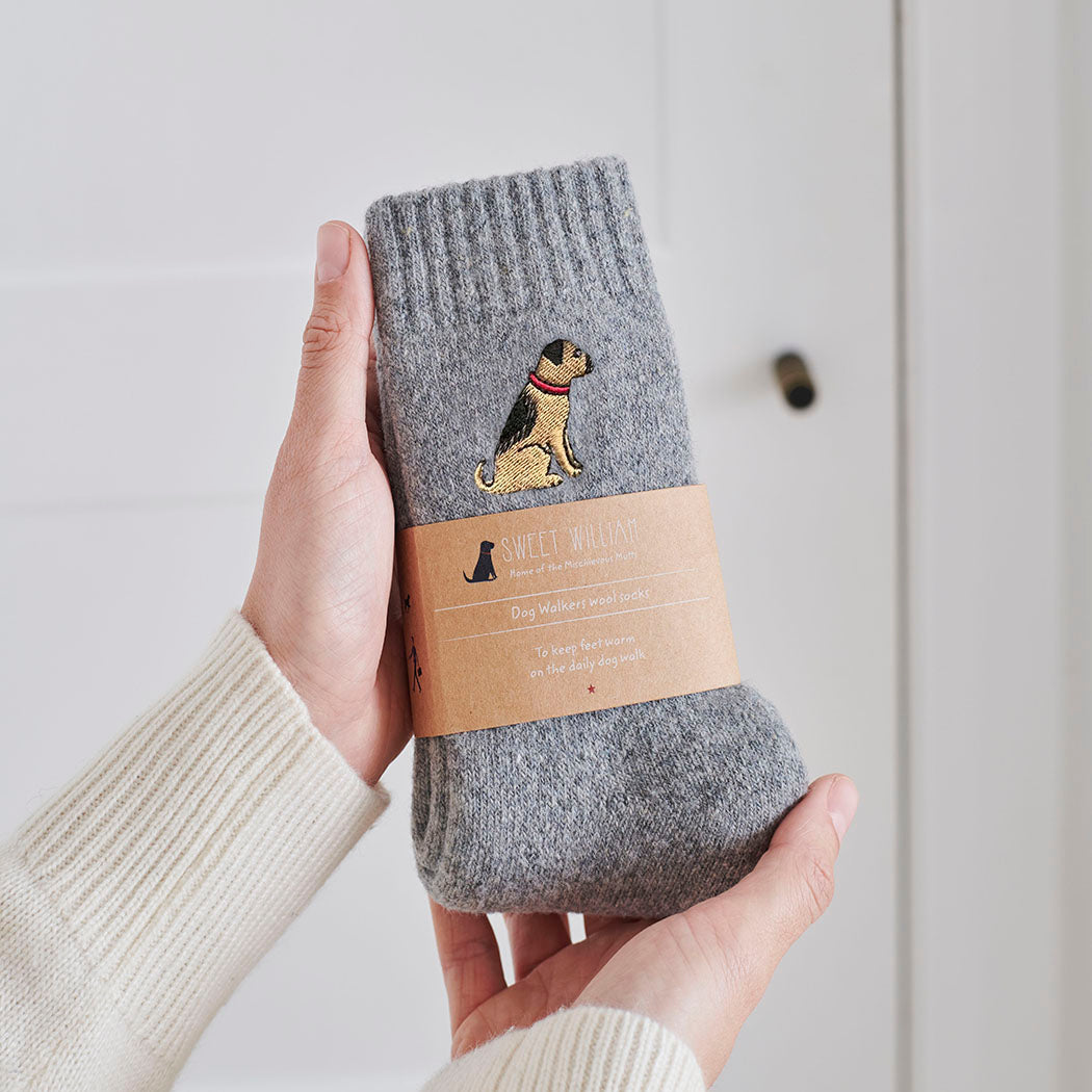Border Terrier socks in hand – embroidered wool dog lover gift