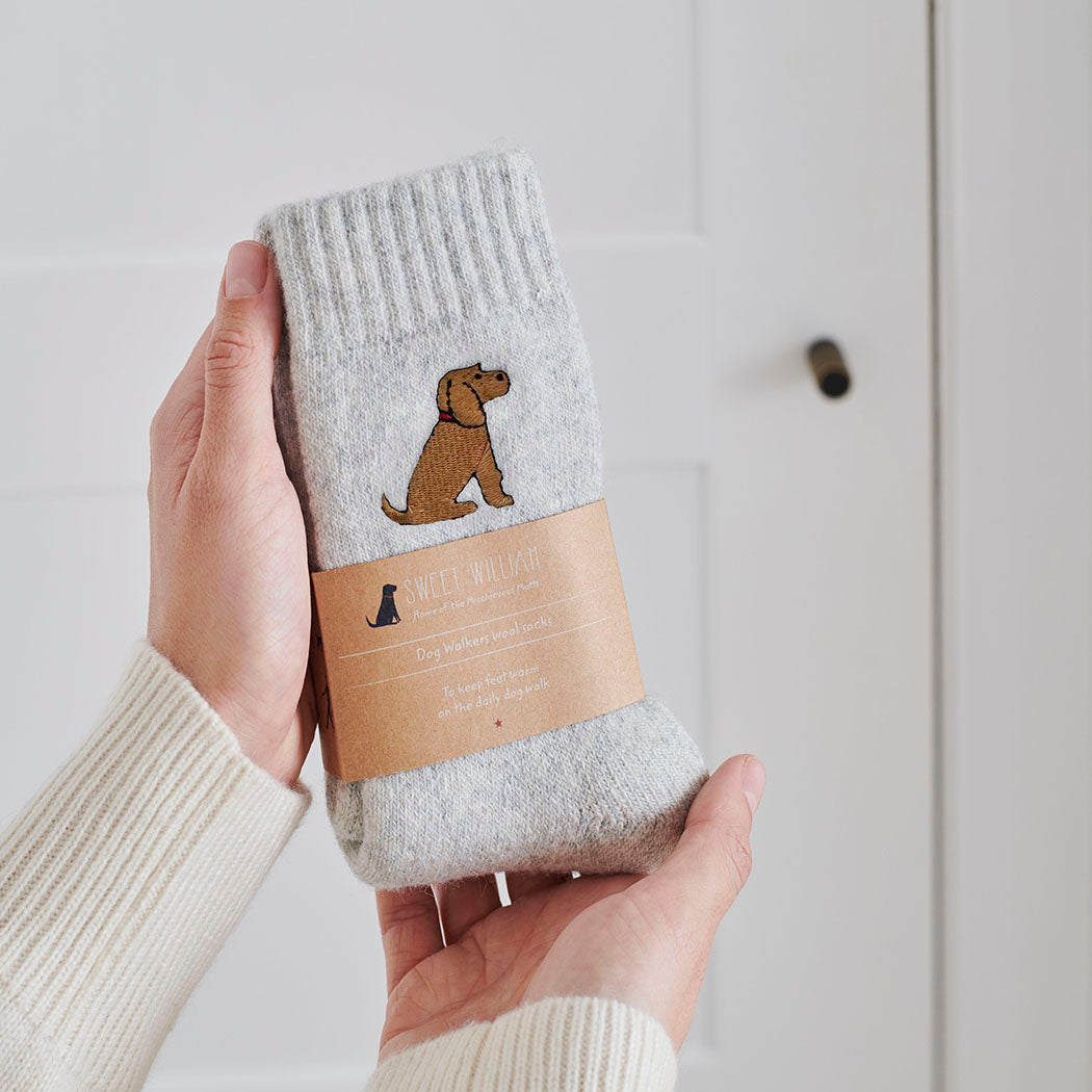  Golden Cocker Spaniel embroidered socks held in hand — soft wool blend dog lover gift by Sweet William Designs