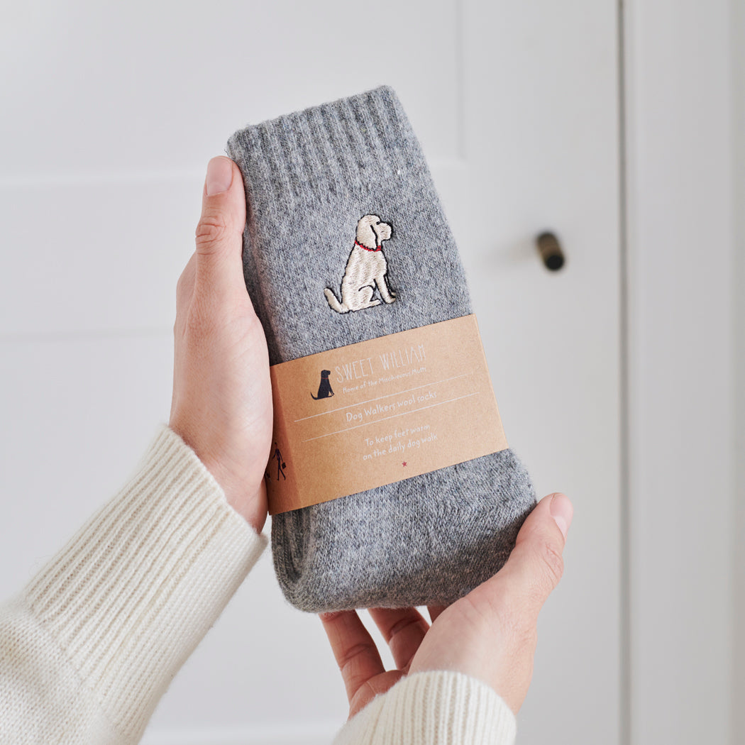 Apricot Cockapoo Labradoodle socks in hand – embroidered wool dog lover gift